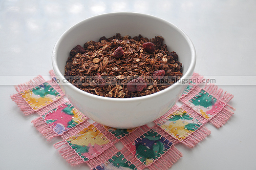 Granola de cacau, coco e framboesas